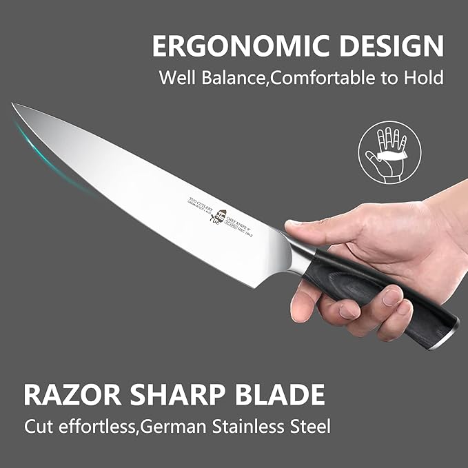 TUO Chef Knife - 8 inch Pro Kitchen Knife Asian Chef’s Knife Cooking Knife, High Carbon German Stainless Steel Ultra Sharp, Ergonomic Pakkawood Handle with Gift Box, Fiery Phoenix Series - Black