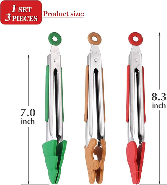 3-Piece Christmas Silicone Mini Tongs Set, 7-Inch Small Style Tongs for Cooking, Kids' Festival Set (Christmas Tree, Snowman, Gingerbread Man)