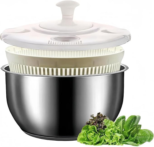 Stainless Steel Salad Spinner - 5.3 Qt Large Capacity with Effortless Crank Handle, Non-Slip Base, Dishwasher Safe for Home & Commercial Use, Ideal for Greens, Vegetables, Fruit, and Pasta.