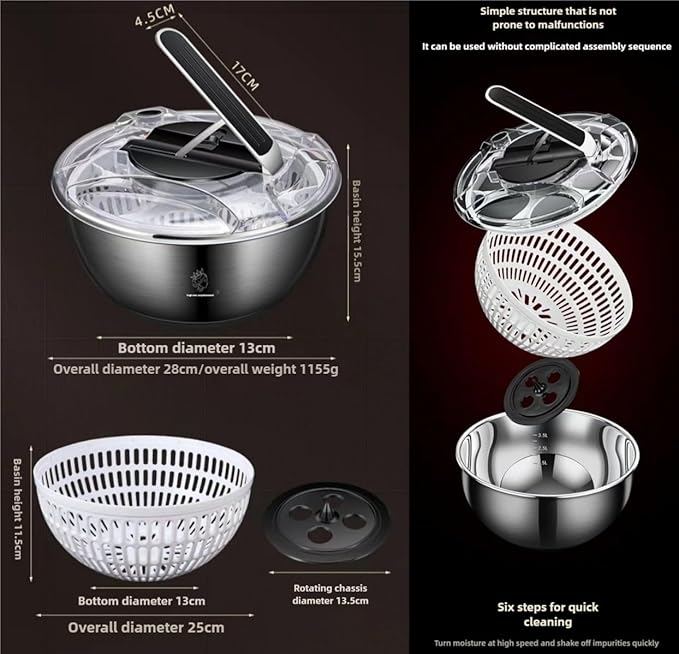 Large Stainless Steel Pump Salad Spinner, with Bowl and Colander and Retractable Pusher and Brake Button - Quick and Easy Multi-Use Lettuce Spinner, Vegetable Dryer, Fruit Washer Spinner (Black, 3.5L)
