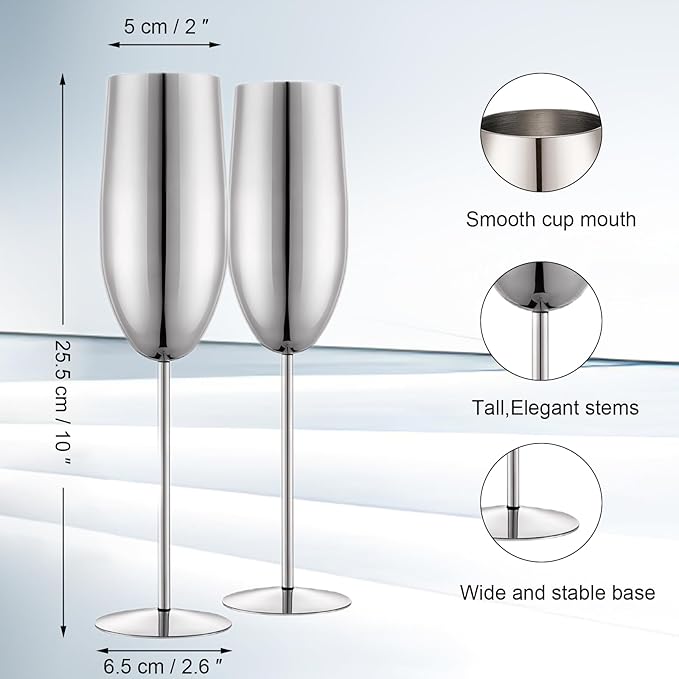 Champagne Glasses Set of 2 Stainless Steel Champagne Flutes Wedding Gifts for Bride 8.5 oz Unbreakable Champagne Glasses for Party Wedding Christmas Anniversary Brithday