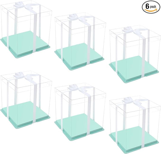 XININSUN clear cake box with ribbon,10inch 12inch cake boxes,transparent tall cake box cake carrier,Square Cardboard Cake Containers clear gift box for Wedding,Birthday,Party(6pcs-green)