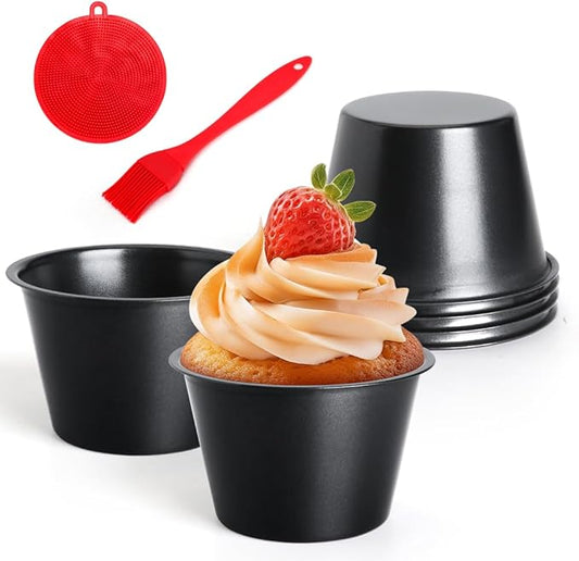 6 Packs Nonstick Popover Pan, Carbon Steel Individual Muffin Cupcake Pan, Raspberry Souffle Baking Maker with Oil & Dish Brush, Pudding Cups for Muffins, Quiches, Cakes, Frittatas(3.5"x2.2")