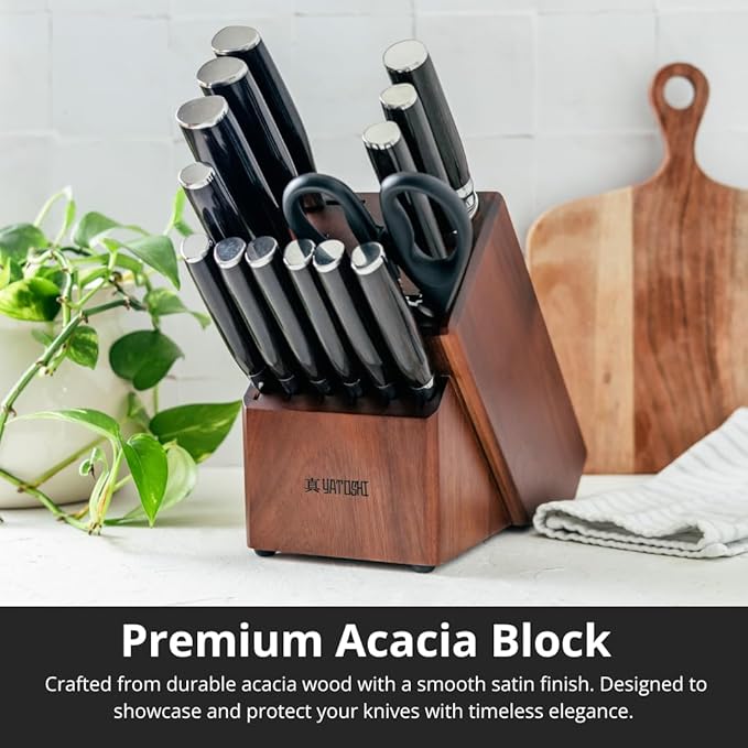 Yatoshi 15 Piece Knife Block Set - Pro Kitchen Knife Set Ultra Sharp High Carbon Stainless Steel with Ergonomic Handle