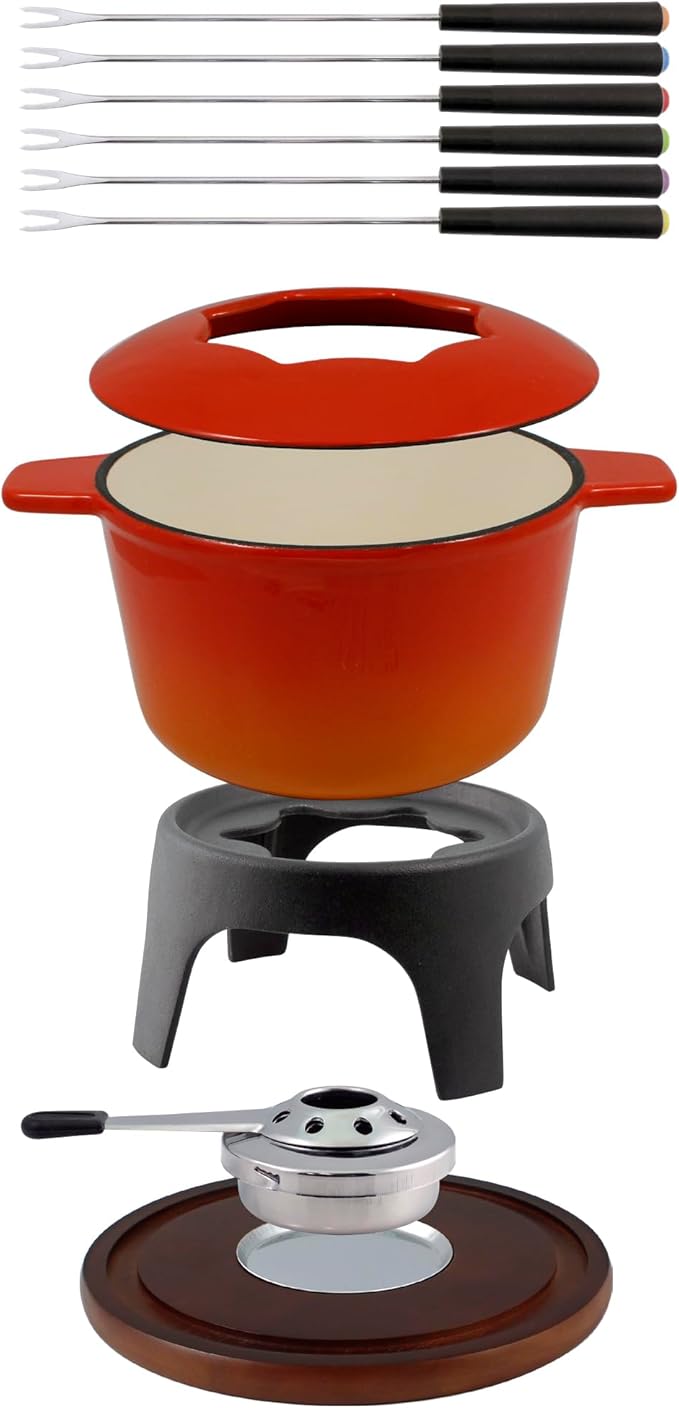 Swissmar Sierra Cast Iron Fondue Set, 1.6 Quart / 1.6 Liter – Perfect for Meat, Cheese, & Chocolate Fondues – Ideal for Family Bonding & Hosting Gifts - 12-Pieces, Gradient Orange