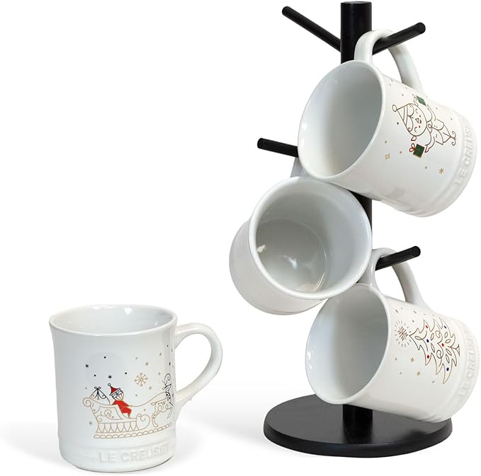 Le Creuset 14oz 4 Mug Set and divvi! 6-Cup Mug Tree Bundle - Noel Collection