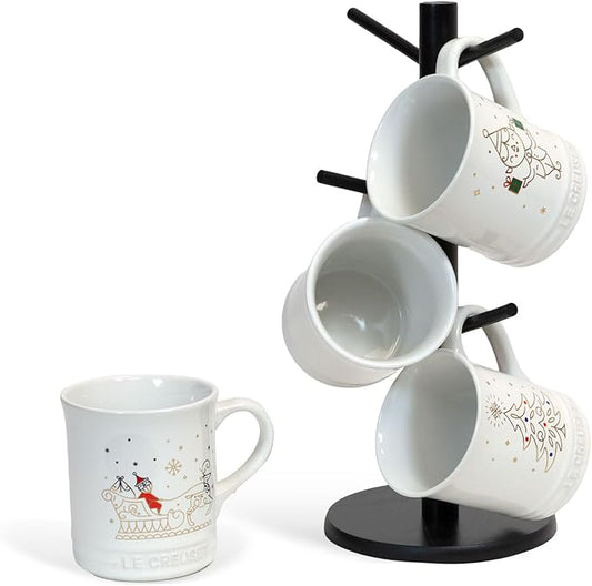 Le Creuset 14oz 4 Mug Set and divvi! 6-Cup Mug Tree Bundle - Noel Collection