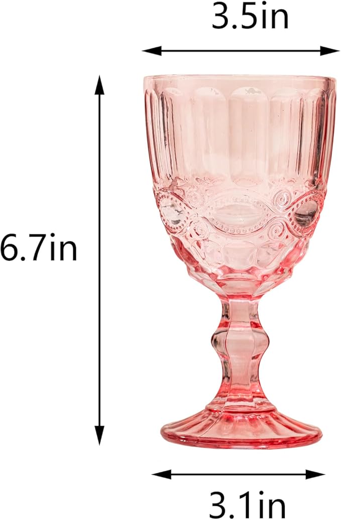 12 Pcs Vintage Wine Glasses, 10 Ounces Colored Glass Water Goblets, Unique Embossed Pattern High Clear Stemmed Glassware Wedding Party Bar Glass Drinking Cups, Floral Pink Glasses Set of 12