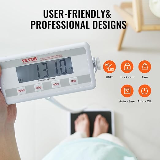 VEVOR Portable Medical Scale, Professional Digital Physician Scale for Weighing - with Anti-Slip Mat, 2 Units (kg/lb), Hold & Tare Function, 400LBS Capacity Physician Wight Scale for Gym Home Hospital