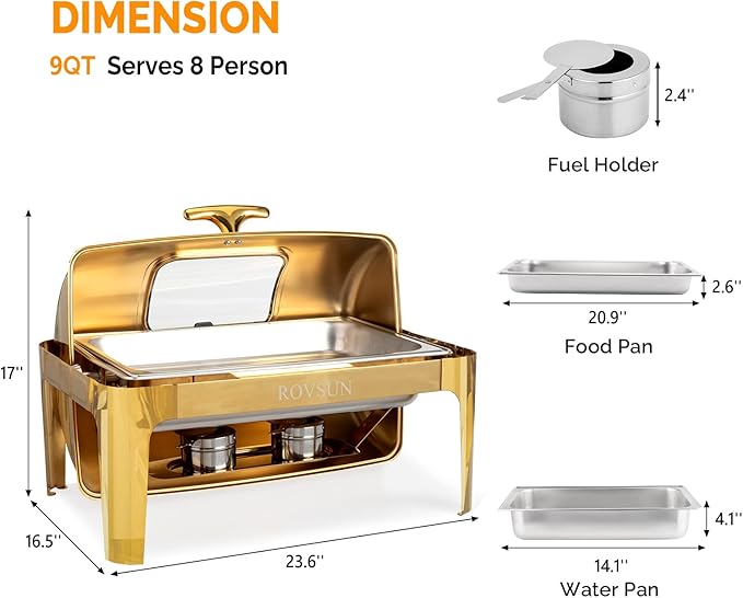ROVSUN 9QT 2 Packs Roll Top Chafing Dish Buffet Set,Rectangular NSF Stainless Steel Buffet Warmer Chafers and Buffet Warmers Sets with Thick Frame for Catering Events Parties Weddings Dinners,Gold