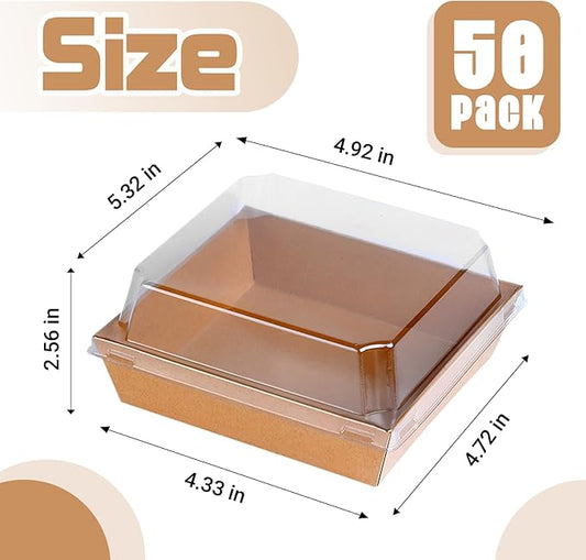 Plastic Charcuterie Boxes with Clear Lids 5in 50pcs, Brown Small Square To Go Paper Bakery Dessert Boxes, Disposable Mini Food Containers for Sandwich Cookie Slice Cake Strawberry Snack
