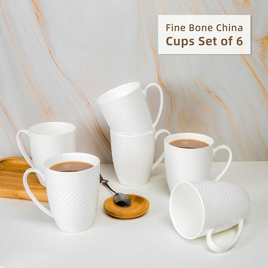12 Oz Coffee Mugs Set of 6, Fine Bone China Mugs, White Ceramic Coffee Cups, Rhombus Relief Texture, Lightweight Tea Mugs for Latte, Hot Cocoa, Women, Men