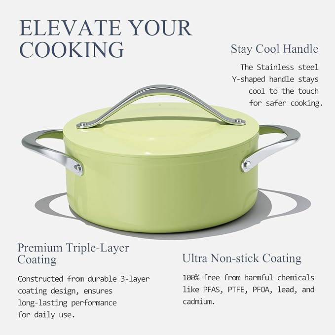 Stock Pot 4.5qt Ceramic Dutch Oven with Lid (9.5") Nonstick Ceramic Coated Non-Toxic PFAS-Free Even Heat Distribution for Braising, Baking Bread & Soups, Compatible for All Cooktops(Induction/Gas/Electric) Oven Safe to 500ยฐF, Olive Green