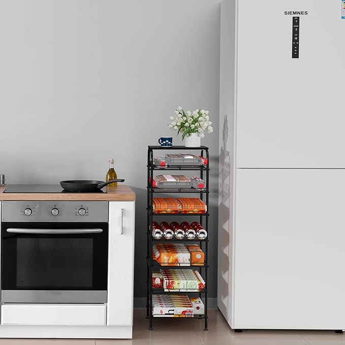 Vrisa Water Bottle Organizer 7 Tier Free Standing Water Bottle Holder Stand with Storage Shelves Beverage Drink Soda Can Rack Dispenser Metal Storage Shelf for Kitchen Pantry Party Office, Black