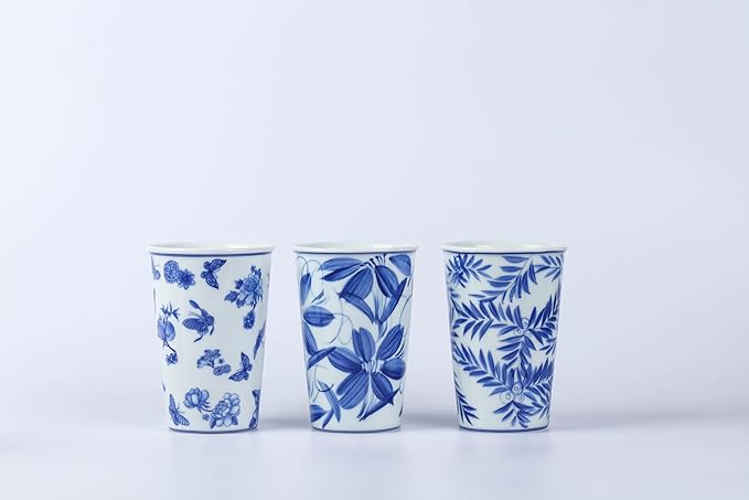 14 oz ceramics Handmade blue and white Retro Coke cups coffee tea set of 4 china Coffee Mugs for Tea, Milk,Dishwasher and Microwave Safe,Free gift soft silicone cover and gift box