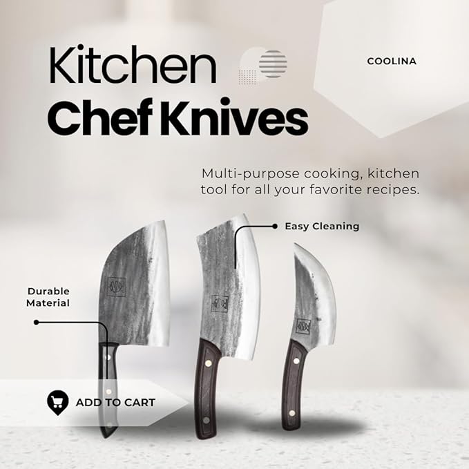 COOLINA Classic Trio Kitchen Knife Set – High-Carbon Steel, Includes Promaja Cleaver, Altomino Chef’s Knife & Butcher Knife, Full Tang, Ergonomic Handle, Precision Cutting for Meat & Vegetables