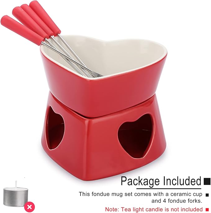 BSTKEY Red Ceramic Butter Warmer Set, Heart Shaped Fondue Pot Melting Pot Set, Melt Hot Pot Bowl Set for Cheese Chocolate Butter Caramel, with 4 Forks
