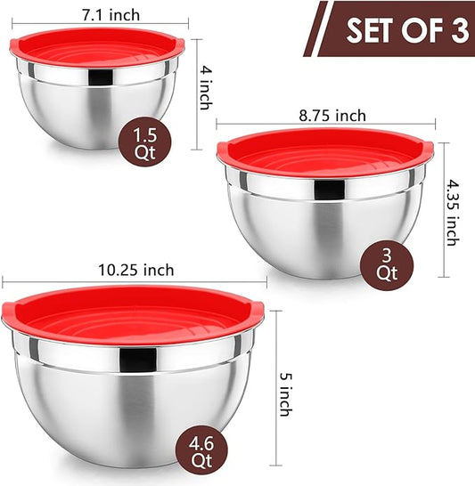 P&P CHEF Red Mixing Bowls with Lids, Set of 3, Stainless Steel Salad Nesting Bowl for Mixing, Storing, Prepping, Airtight & Stackable, Size 4.6/3 /1.5 QT