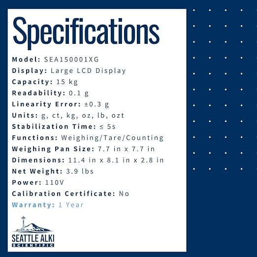 Seattle Alki Scientific Lab Scale | 15 kg x 0.1 g | USA Company - Digital Lab Balance with Professional Load Cell, Metal Support Structure and Thorough Calibration - Scientific Scale