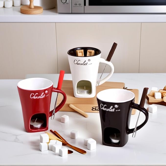 Chocolate Melting Fondue Mugs Set With Forks,Sweet Fondue Cup,Chocolate Fondue Mugs with Forks,Chocolate Melting Mug,Ceramic Cheese Mug,Birthday,Wedding Gifts (Red)