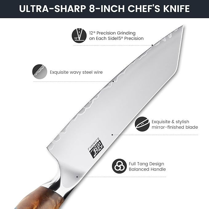 Chef Knife, 8-inch Hand Forged Professional Kitchen Knife with Japanese 10Cr15MoV Stainless Steel Gyuto Knife with Blue Ergonomic Handle, Razor-Sharp Cooking Knife in Gift Box