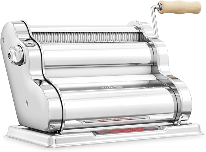 PASTALINDA Classic 260 Pasta Maker Machine, 26 cm Wide Rollers, 9 Thickness Positions, 2 Cutting Positions, Stainless Steel. Includes Reinforced Hand Crank And Two Clamps (Chrome)
