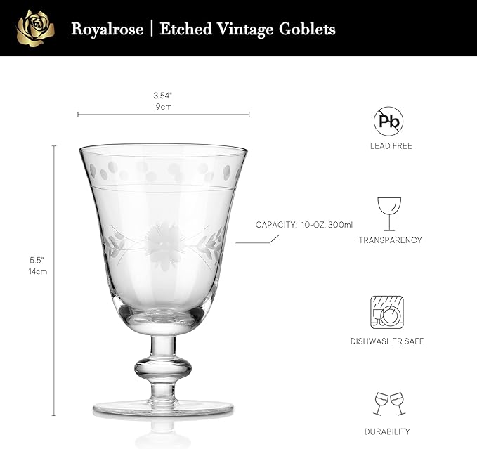 Royalrose Premium Delight Vintage Wine Glasses Set of 4, 10 oz – Hand-Blown with Etched Stem, Classic Glassware for Weddings, Dinners, and Holiday Gifting (Vintage Goblets)
