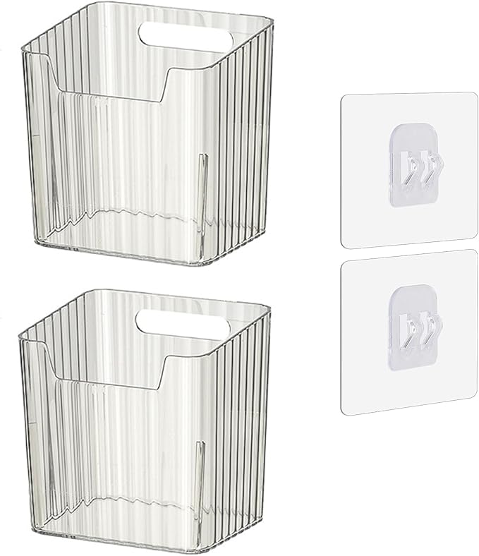 Set of 2 Storage Organizer Bins Wall Mounted Floating Shelves Fridge Organizer Stackable Clear Plastic Storage Bins for Wall, Refrigerator, Kitchen, Bathroom, Countertops, Pantry, BPA Free (Clear)