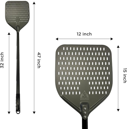Perforated Pizza Peel - 12"x15" Anodized Aluminum Pizza Steel, 32" Handle, 47" Overall Length - Ideal Pizza Turning Peel for Pizza Oven, Brick Oven, Baking Bread