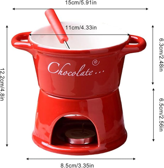 Chocolate Fondue Mug - 330 ml Ceramic Chocolate Melting Cup | Ceramic Personal Fondue Coffee Mug Warmer with Fork | Handmade Melting Butter Warmer for Appetizer Dessert Cheese (Red)