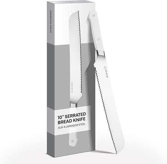 Misen Serrated Bread Knife - High-Carbon Japanese AUS8 Steel - Perfect for Soft Foods, Bread, Pastries, and Fruits - Verstatile Slicer, Razor-Sharp Edge, Durable Blade, Ergonomic Handle - 10", White