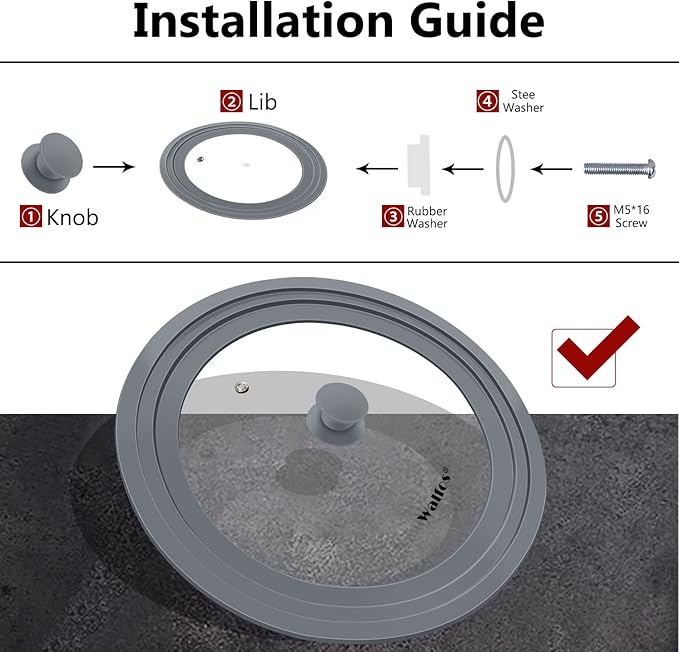 Walfos Universal Lid for 10.5", 11.5" and 12" Diameter Cookware, Fits Pots, Pans and Skillets - Walfos Tempered Glass Pan Lid with Heat Resistant Silicone Rim, BPA Free Pot Lids, Dishwasher-Safe, Gray