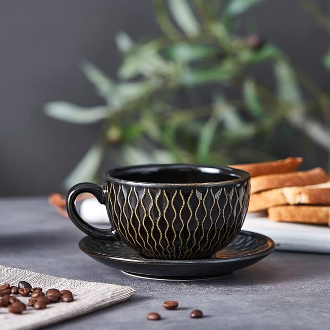 Vintage Design 12 oz Ceramic Latte Art Cappuccino Barista Cup with Saucer (Embossed Black)