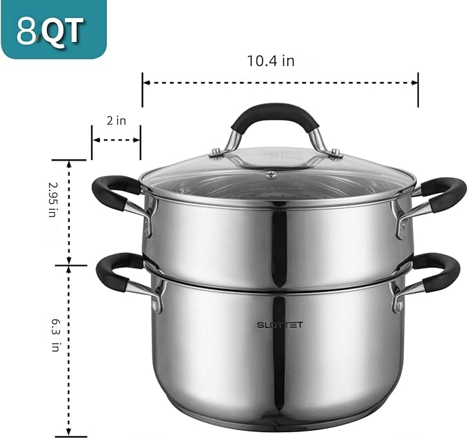 Stainless Steel 8 Quart Stock Pot with Steamer,8 Qt Deep Soup Pot for cooking,Multipurpose Stockpot with silicone Stay-cool Handle.