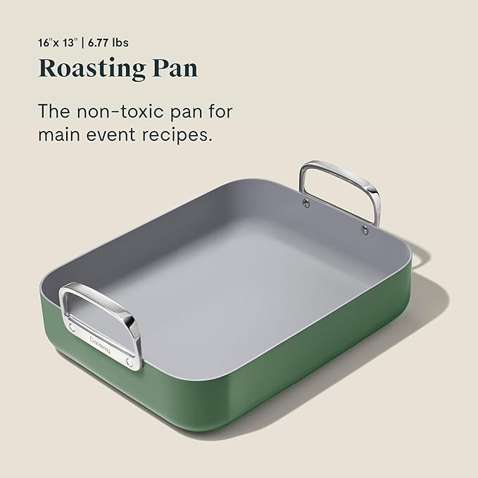 Caraway Roasting Pan - 16x13” Roasting Pan with Rack - Non-Stick Ceramic Coated - Non Toxic, PTFE & PFOA Free - Oven Safe & Compatible with All Stovetops - Sage