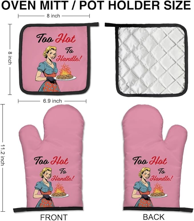 Too Hot to Handle Oven Mitts and Pot Holders Set, Retro Kitchen Gadgets, Cookie Lovers, Suit for New Female Chefs, Gifts for Baking Dessert Lovers of Women, Birthday Gifts for Housewives