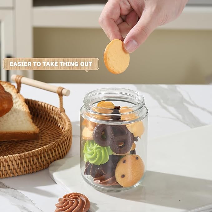 16 OZ Glass Mason Jars with Airtight Lids Wide Mouth Leakproof Pantry Organization Food-Grade Storage Containers for Honey,Salad,Yogurt and Snacks (Wooden Lid-12 Pack)