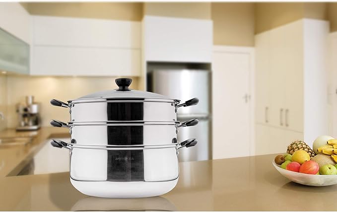 3 Tier Stainless Steel Steamer Pot For Cooking With Stackable Pan Insert, Food/Vegetable Steamer Cooker, Cookware Pot/Saucepan with Glass Lid, Multilayer By Lake Tian (28cm/11in)