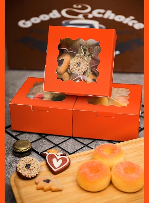 Bakepacker 60pcs Orange Bakery Boxes with Window 6x6x3 inches Thick & Sturdy Macaroon Pastry Boxes Cookie Boxes for Bakerys