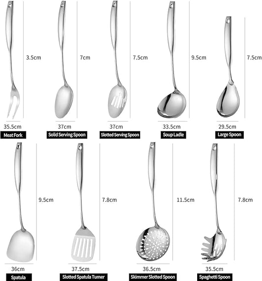 Lazycorner 304 Stainless Steel Kitchen Utensils Set 9-Piece Polished Mirror Finish Cooking Spoons, Slotted Spoon, Turner, Spatula, Pasta Spoon– Dishwasher Safe, Rust-Resistant