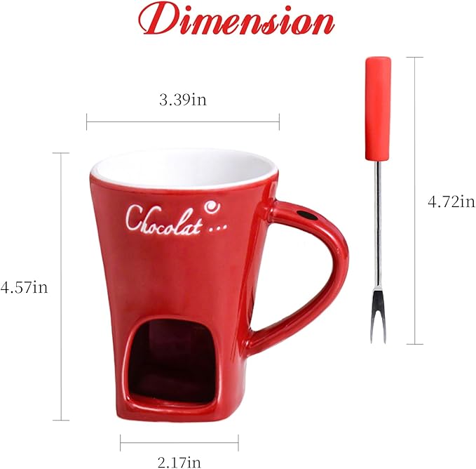 Mini Sweet Fondue Cup, Ceramic Coffee Warmer Mug, Portable Chocolate Melting Cup with Fork for Cheese, Great for Adult/Kids for Camping/Date/Movie Night/Birthday/Wedding Gifts (Red)