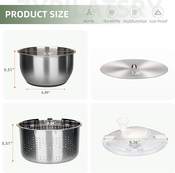 6L-Stainless Steel Salad Rotator, Vegetable Dishwasher,Lettuce Cleaner And Dryer, Kitchen Strainers.
