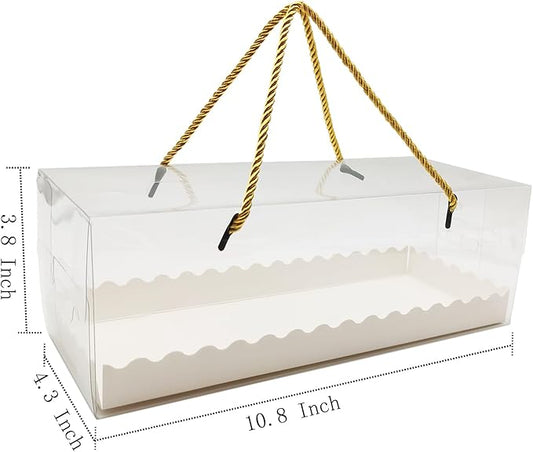 20 Pcs 10.8 Inch Clear Roll Cake Boxes with Gold Rope Handle & Cake Boards, Homemade & Bakery Transparent Plastic Gift Boxes,Easy Carrying, Storage Containers for Slice Cake, Christmas