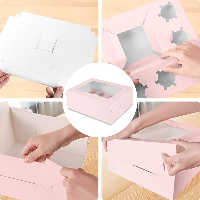 Pink 1+8 paper box 10pcs Bakery Boxes with Window,Stackable Cake and Cupcake Carriers, for Birthdays & Parties (Pink, 1+8(10Pack))
