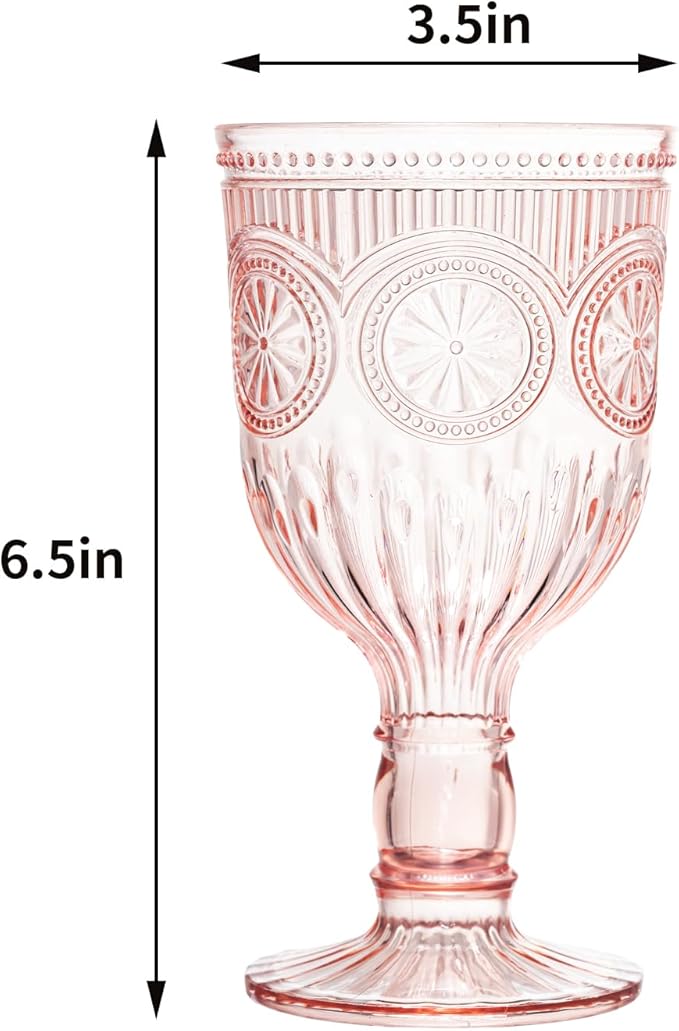 Pink 24 Pack Vintage Wine Glasses, Plastic Reusable 12 Ounce Colored Water Goblets, Unique Flower Embossed Pattern Unbreakable Stemmed Wine Glasses High Clear Wedding Party Bar Drinking Cups