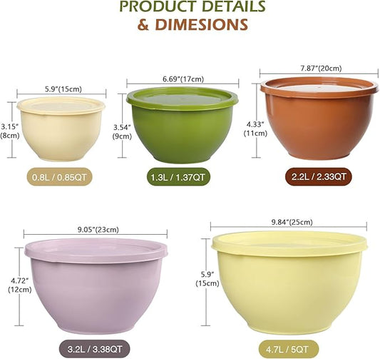 Plastic Mixing Bowls with Lids Set for Kitchen, Nesting Bowls for Mixing, Baking, Prepping, Cooking and Serving Food (5 Set-Olive green)