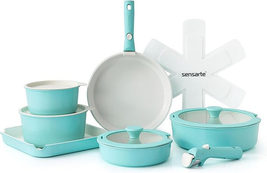 SENSARTE 17 Piece Ceramic Pots and Pans Set, Nonstick Detachable Handle Cookware, Induction Kitchen Cookware Set with Removable Handle, Dishwasher & Oven Safe (Turquoise)