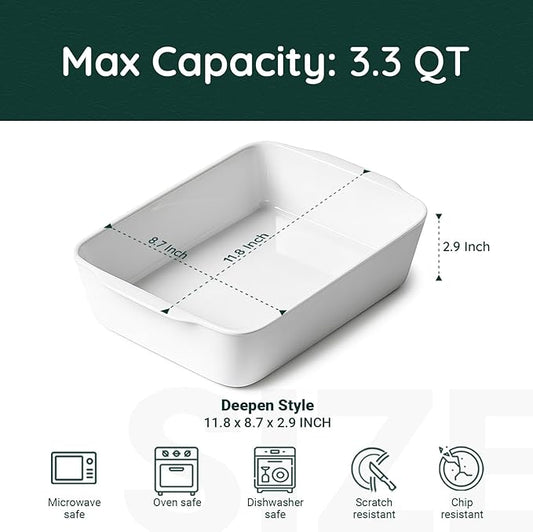 3.3 QT Ceramic Baking Dish, White Casserole Dish,Lasagna Pan for Oven, Bakeware for Baking, Kitchen Decor, Microwave Oven Safe, Dinner Party(8.7" x 11.8")