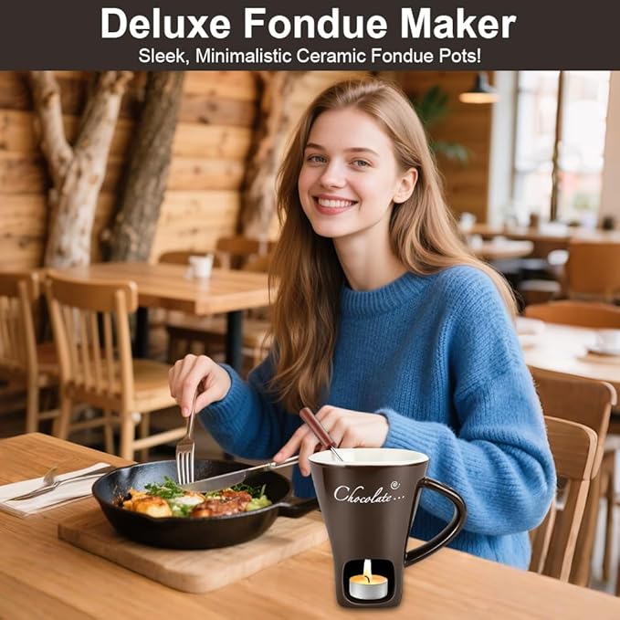 Fondue Cup, Chocolate Melting Fondue Mugs Set of with Forks and Candle, Ceramic Chocolate Melting Cup, Mini Simmer Coffee Mug Set For Date Night Birthday Wedding Gifts