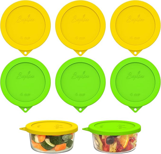 Sophico 4 Cup Round Silicone Storage Cover Lids Replacement for Anchor Hocking and Pyrex 7201-PC Glass Bowls (Container not Included) (YellowGreen-6pack)